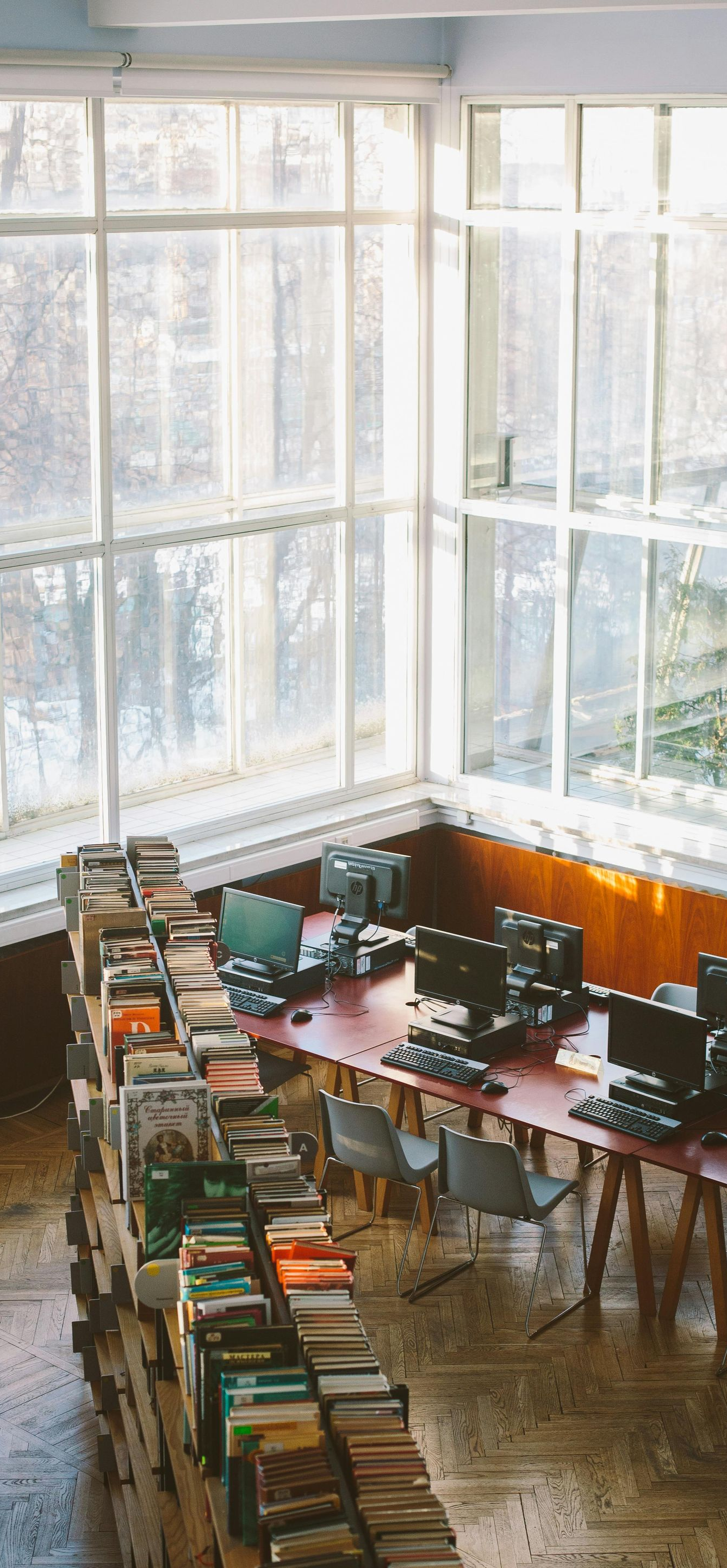 Library interior with a wall of large windows. Bookshelves and computers line a long table.