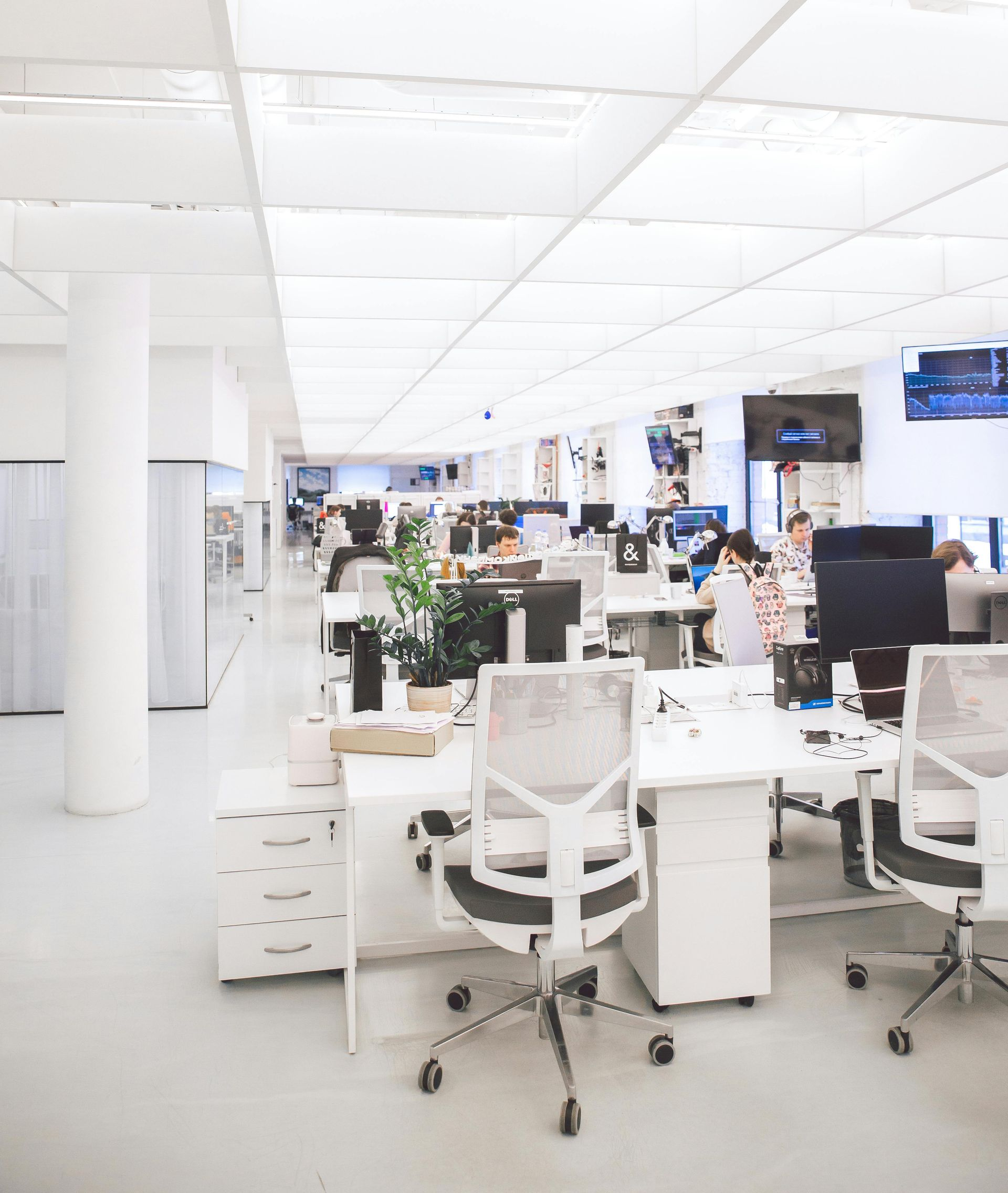 Bright, modern office with white desks, chairs, and ceiling; employees working at computers.