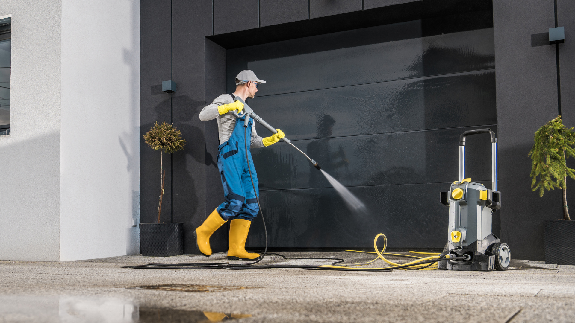 A person wearing white boots is using a high pressure washer to clean a sidewalk.
