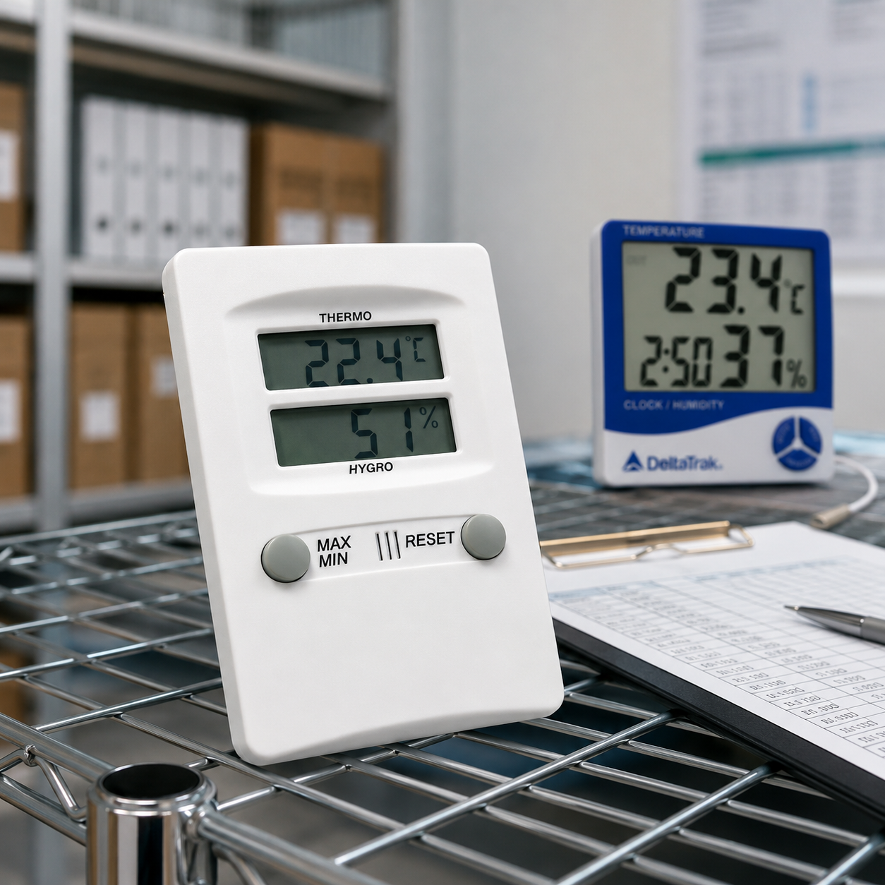 Termohigrómetros digitales para control de temperatura y humedad en área de almacenamiento
