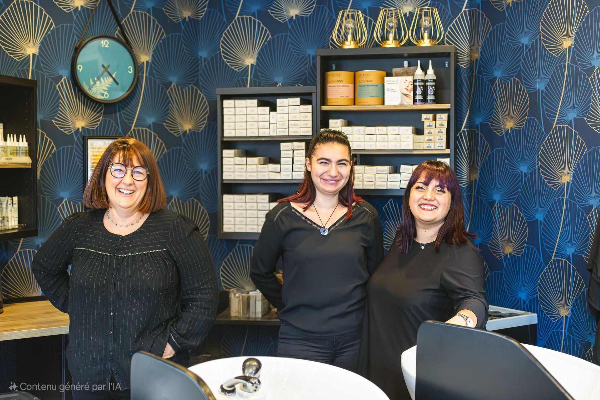 Trois femmes posent pour une photo dans un salon de coiffure.