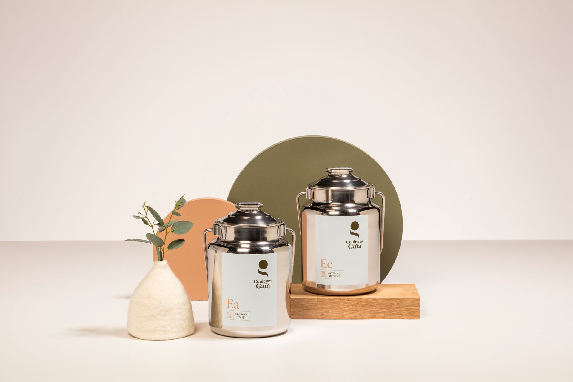 Deux bidons de lait en acier inoxydable sont posés sur une table à côté d'un vase.