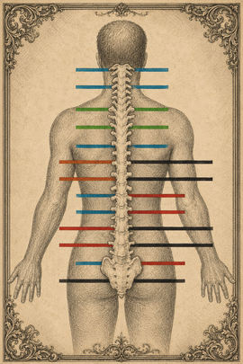 Human silhouette with spine highlighted and colored horizontal bars indicating pain levels across the back and torso
