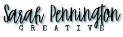 The logo for sarah pennington creative is written in black on a white background