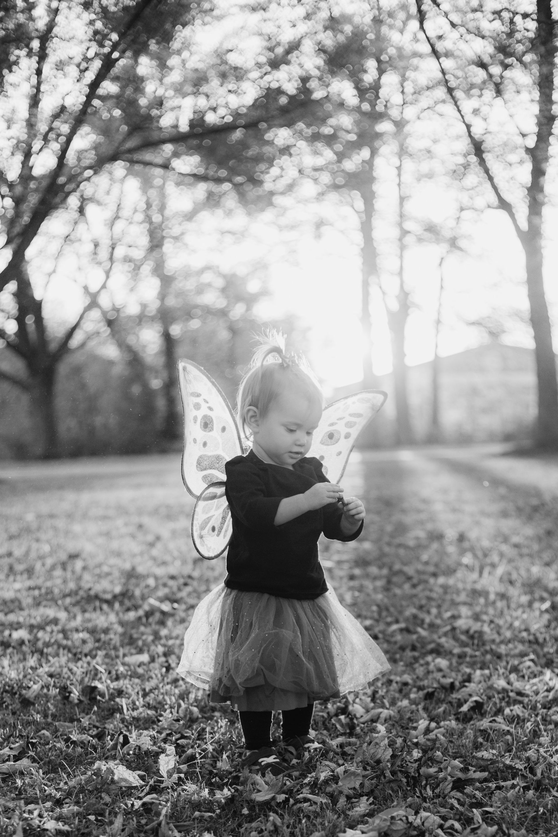 A little girl dressed as a fairy is standing in the leaves in a black and white photo.