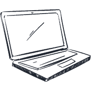 A black and white drawing of an open laptop computer.