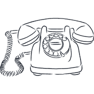 A black and white drawing of an old fashioned telephone with a cord.