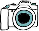 A drawing of a camera with a blue lens on a white background.