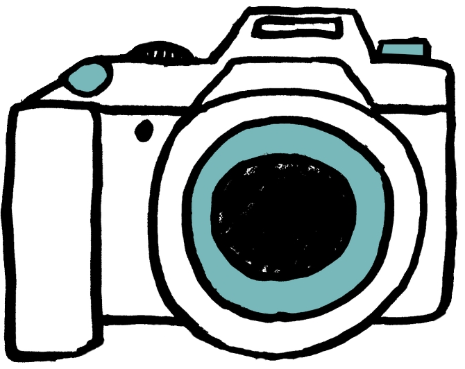 A drawing of a camera with a blue lens on a white background.