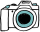 A drawing of a camera with a blue lens on a white background.