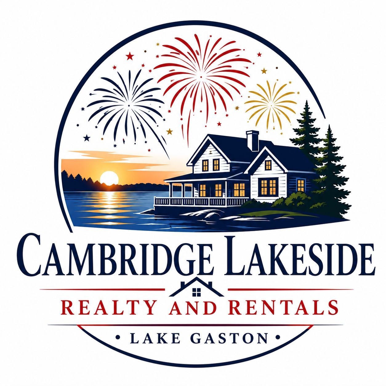 Cambridge Lakeside Realty and Rentals logo with lakeside house, fireworks, sunset, and Lake Gaston text