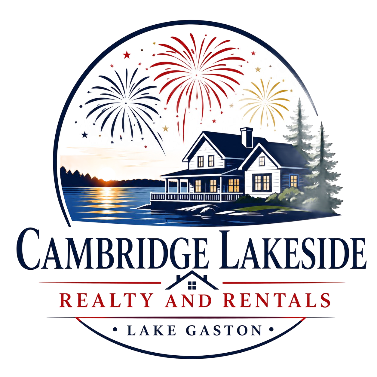 Cambridge Lakeside Realty and Rentals logo with lakeside house, fireworks, sunset, and Lake Gaston text