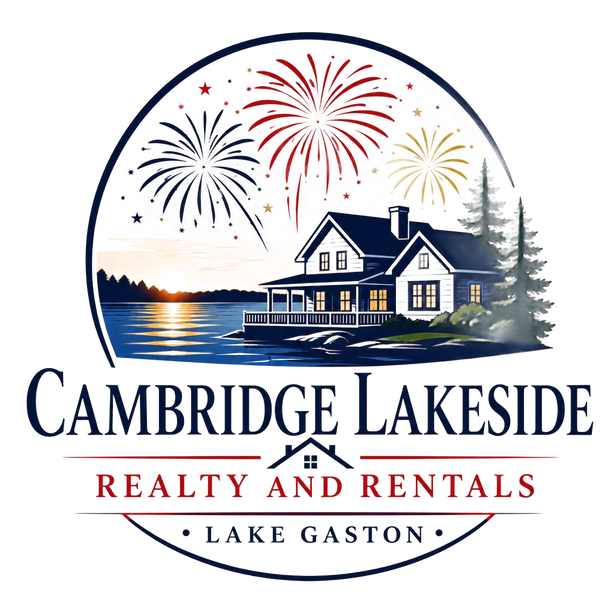 Cambridge Lakeside Realty and Rentals logo with lake house, sunset, fireworks, and Lake Gaston text
