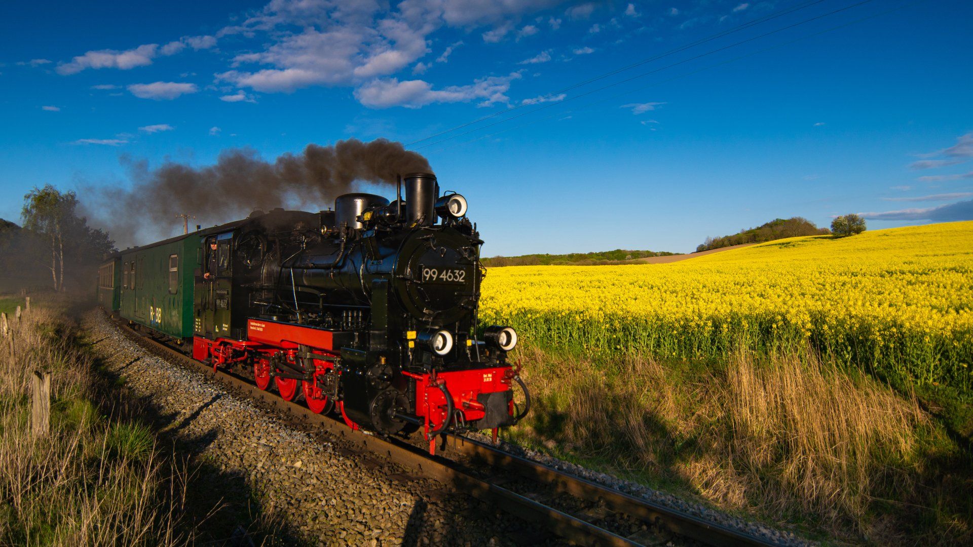 Rasender Roland, Rügen, Rügener Kleinbahn, Dampflok, Raps, Sonneninsel, Mecklenburg-Vorpommern, Vorpommern, Rügen, Rapsblüte, Himmel, Wolken, Dampf