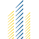 Yellow and blue diagonal stripes representing buildings.