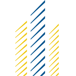 Yellow and blue diagonal stripes representing buildings.