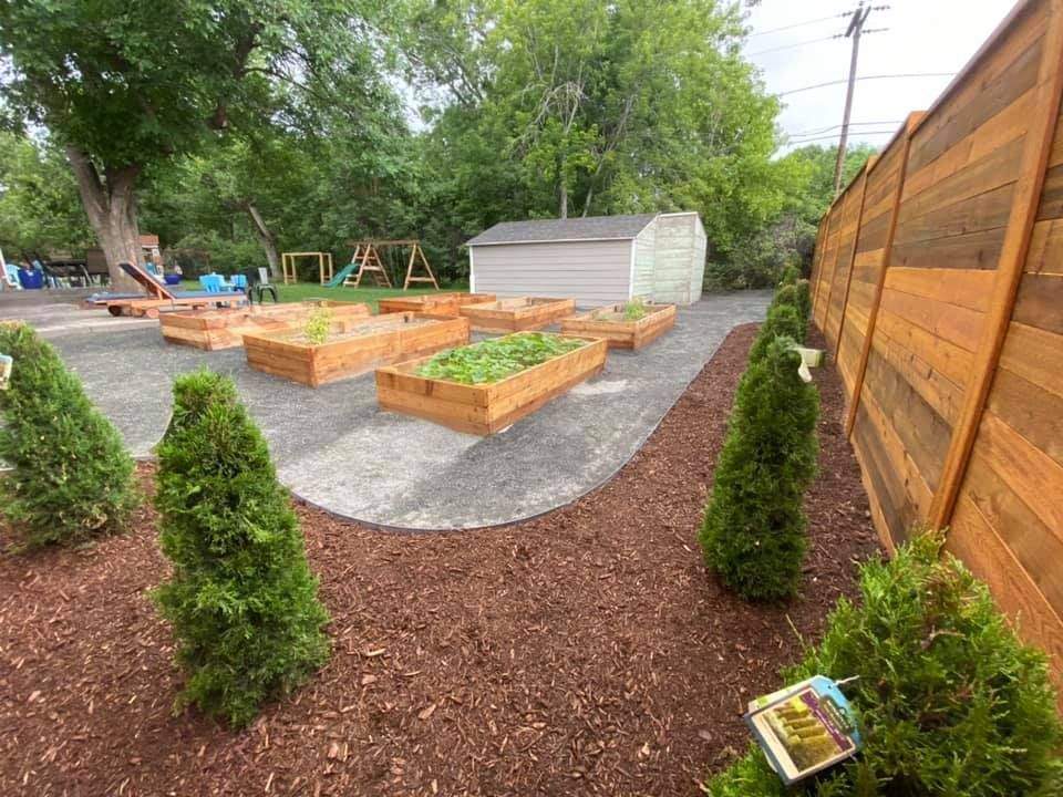 A wooden fence surrounds a garden with lots of raised beds.