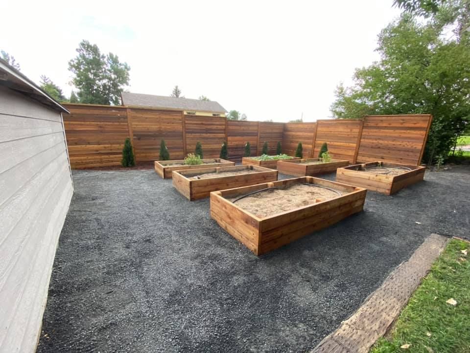 A row of wooden raised garden beds in a backyard.