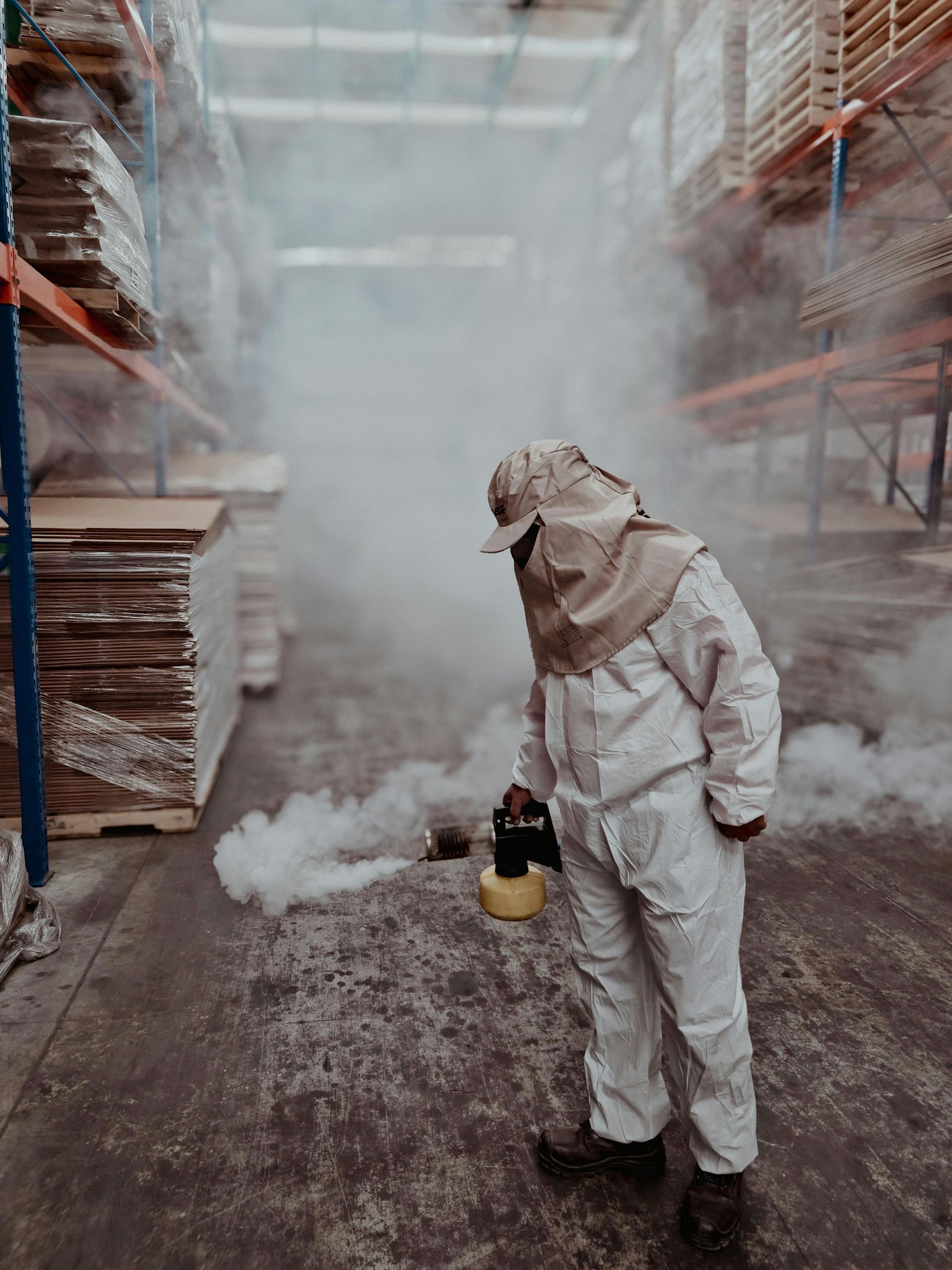 Worker in white protective suit spraying pesticide in an outdoor warehouse aisle.