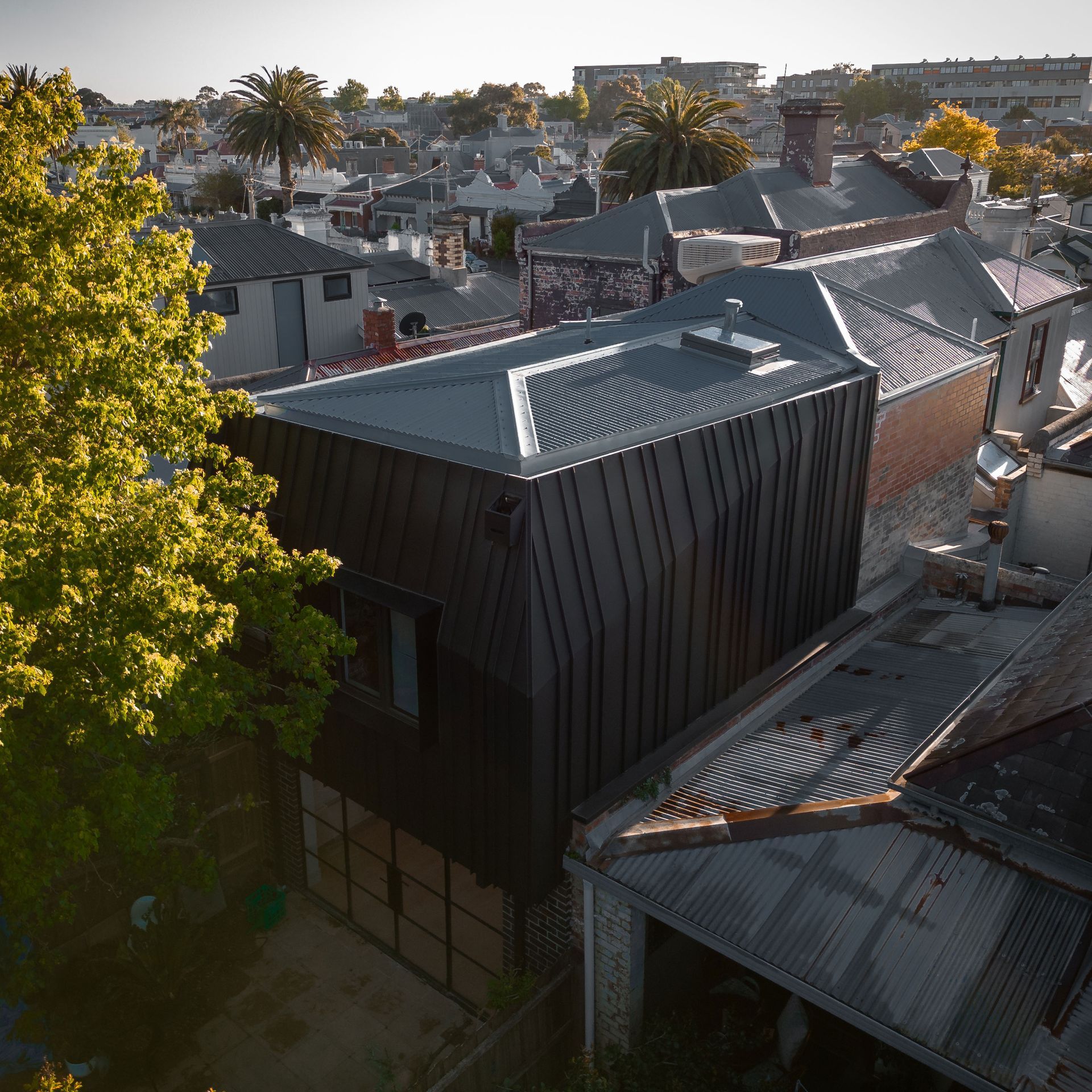 Black metal-clad modern house with rooftop views, surrounded by traditional homes and trees.