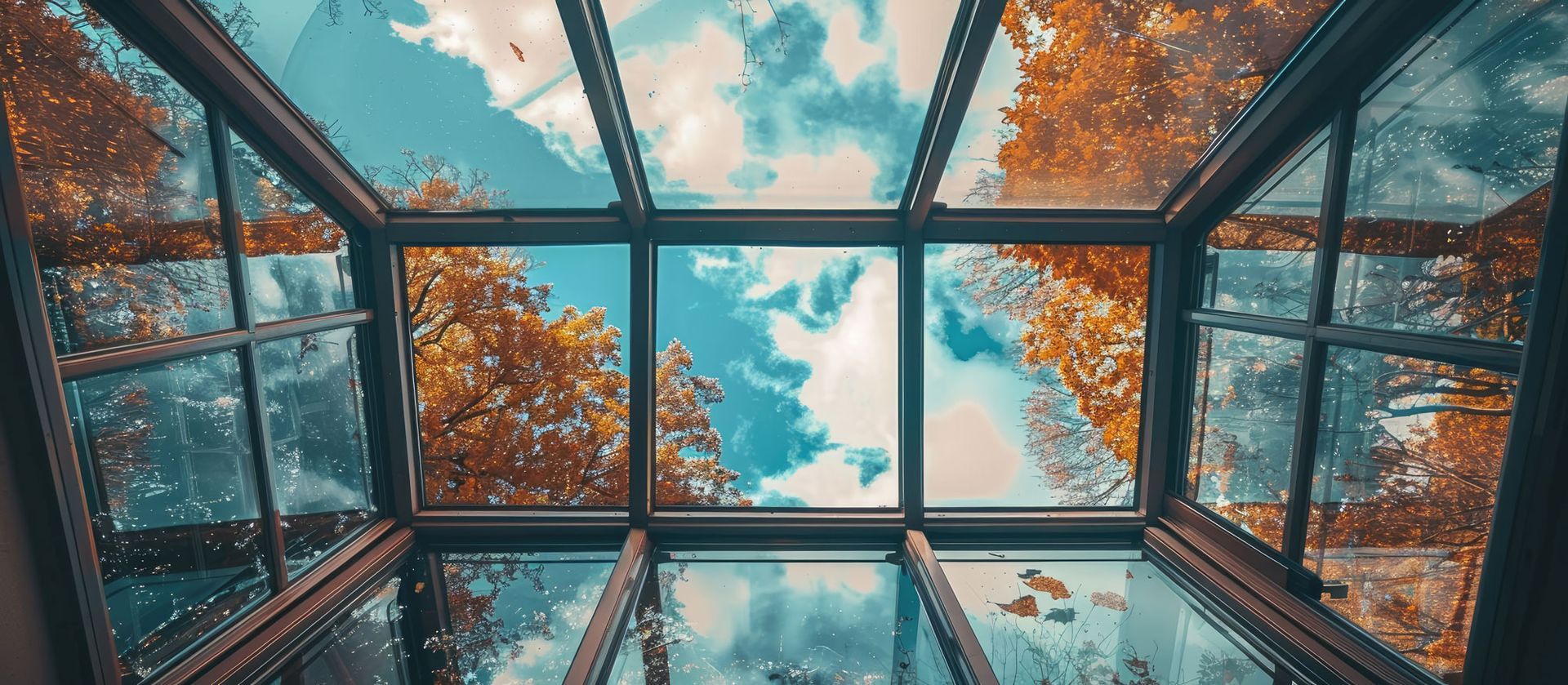 Looking up through a glass-paned window at a blue sky and golden-leafed trees.
