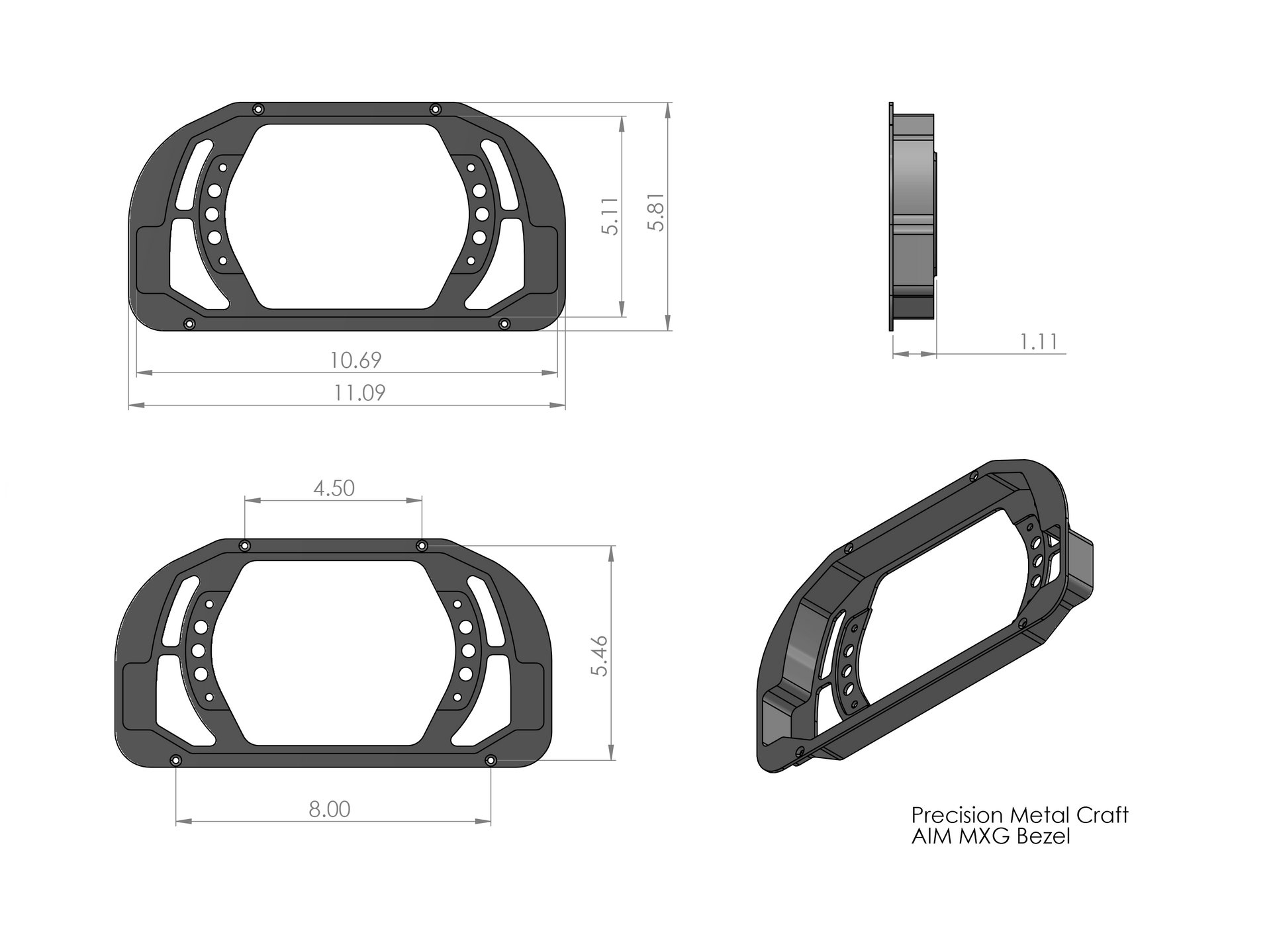 A black billet dash mount bezel made by Precision Metal Craft for an AiM MXG 1.3.