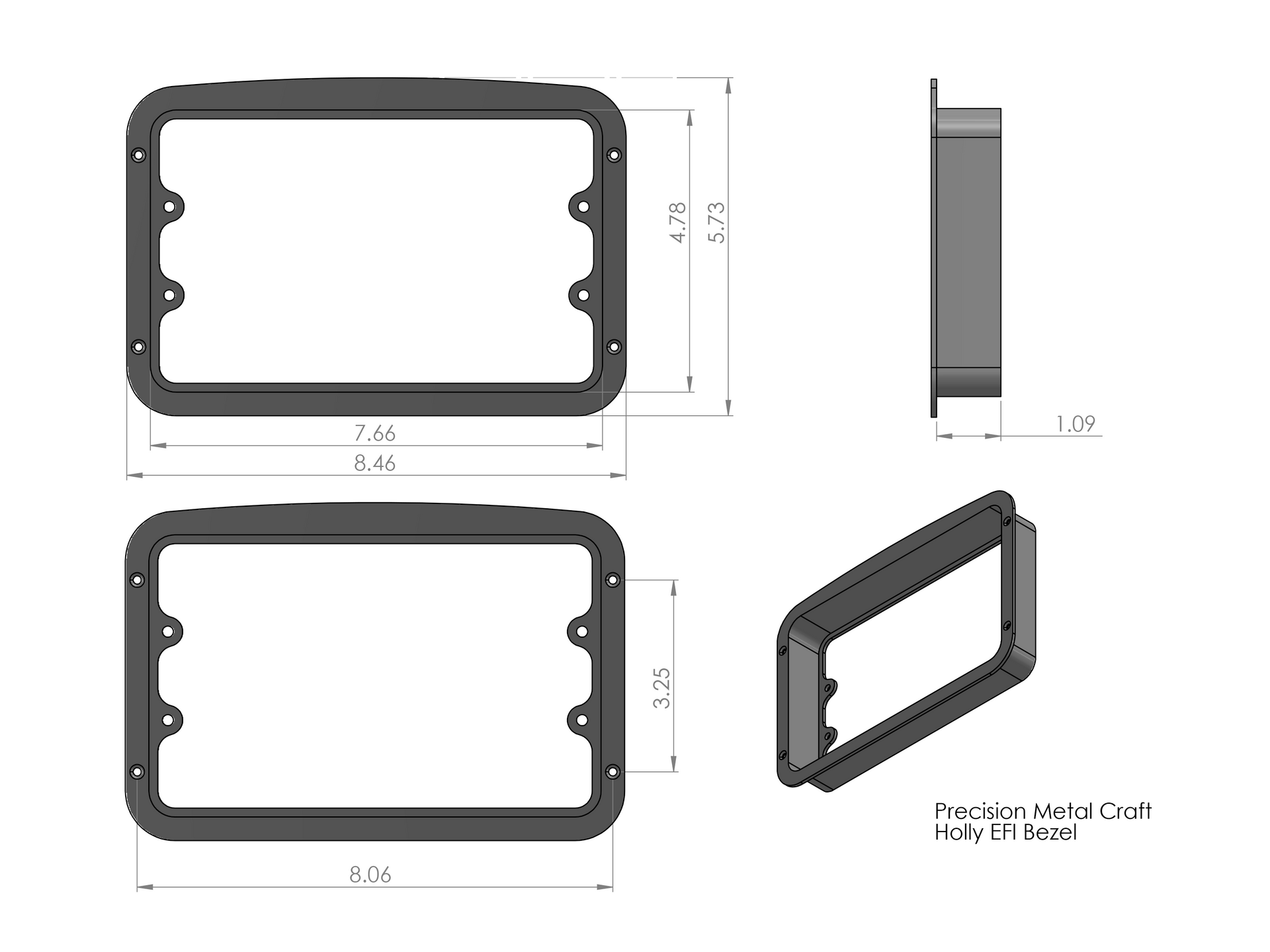 A black billet dash mount bezel made by Precision Metal Craft for a Holley EFI.