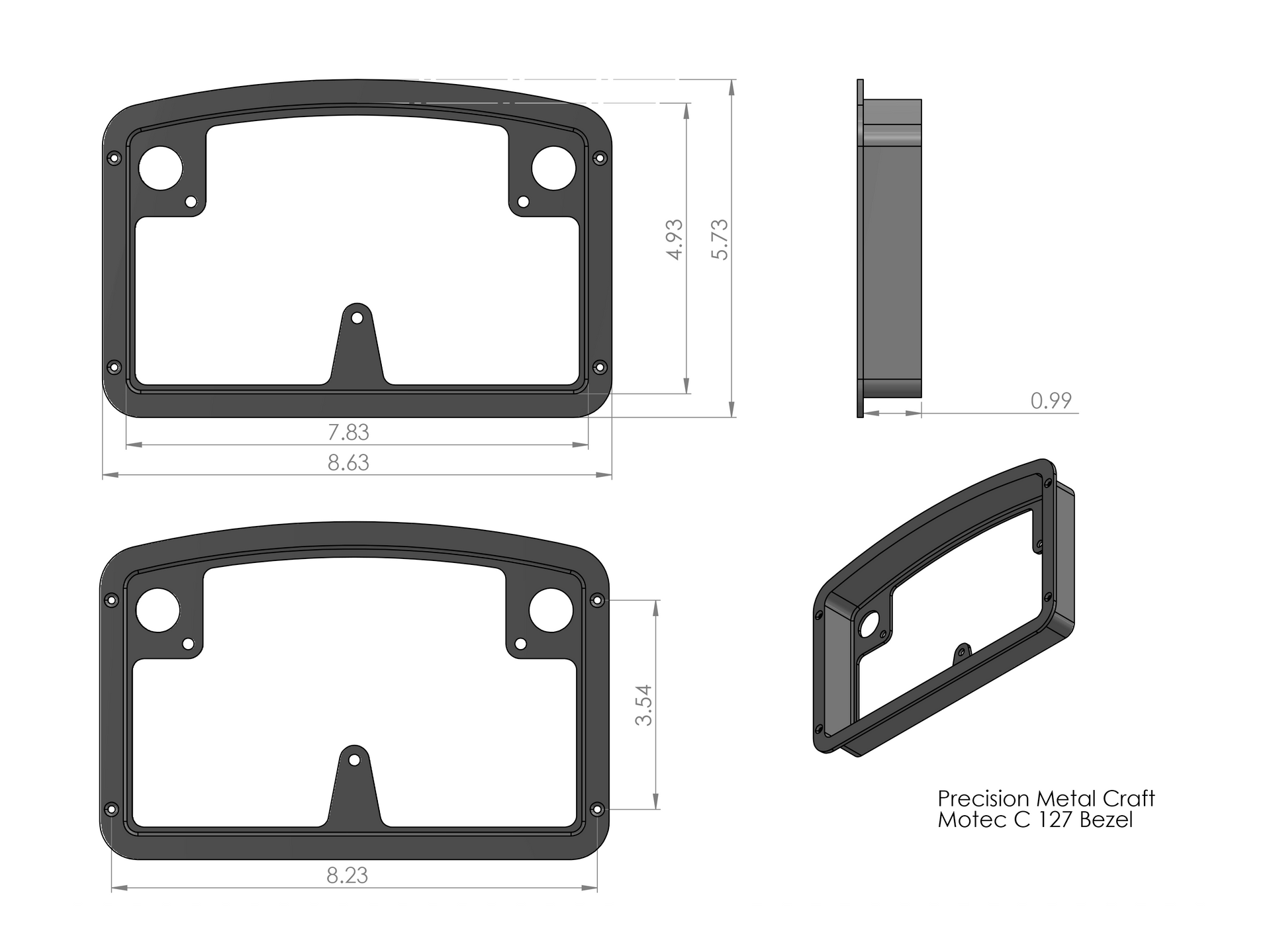 A black billet dash mount bezel made by Precision Metal Craft for a MoTeC C127 or C187.