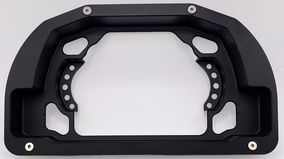 A black billet dash mount bezel made by Precision Metal Craft for an AiM-MXS Strada.