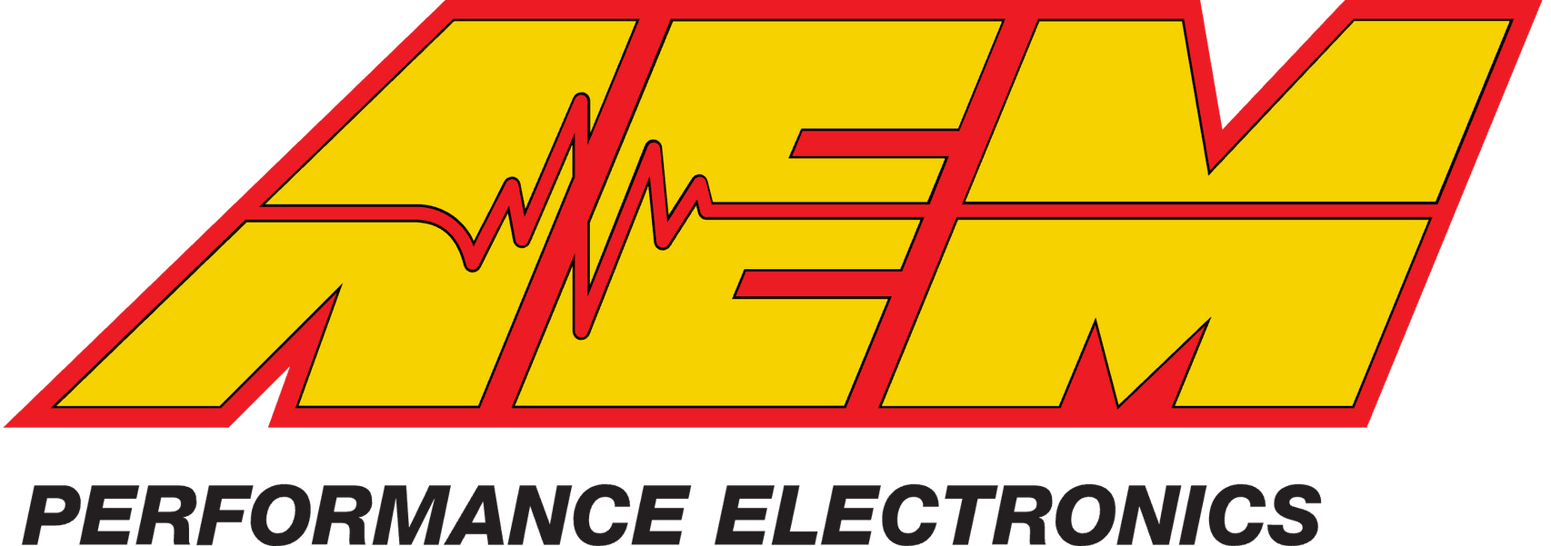 Logo for AEM Performance Electronics. Yellow letters AEM outlined in red, with a waveform. Below, "PERFORMANCE ELECTRONICS".