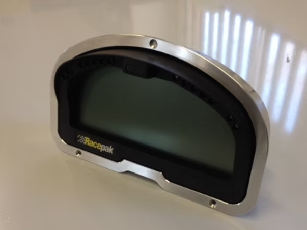 A black billet dash mount bezel made by Precision Metal Craft for a Racepak IQ3.