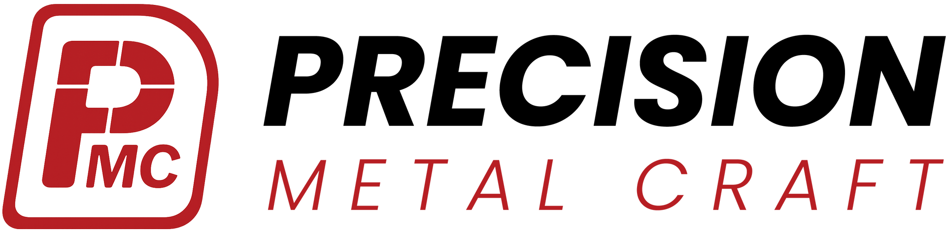 Logo for Precision Metal Craft. Red and white emblem with black