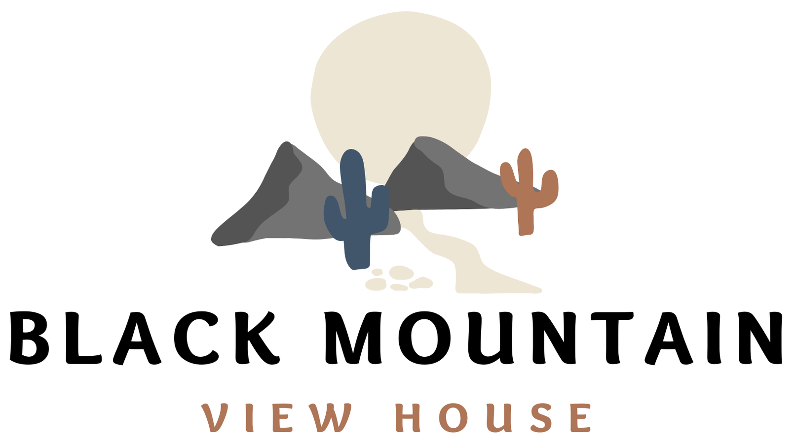 Logo for Black Mountain View House featuring a desert landscape with mountains, cacti, and a sun under the text.