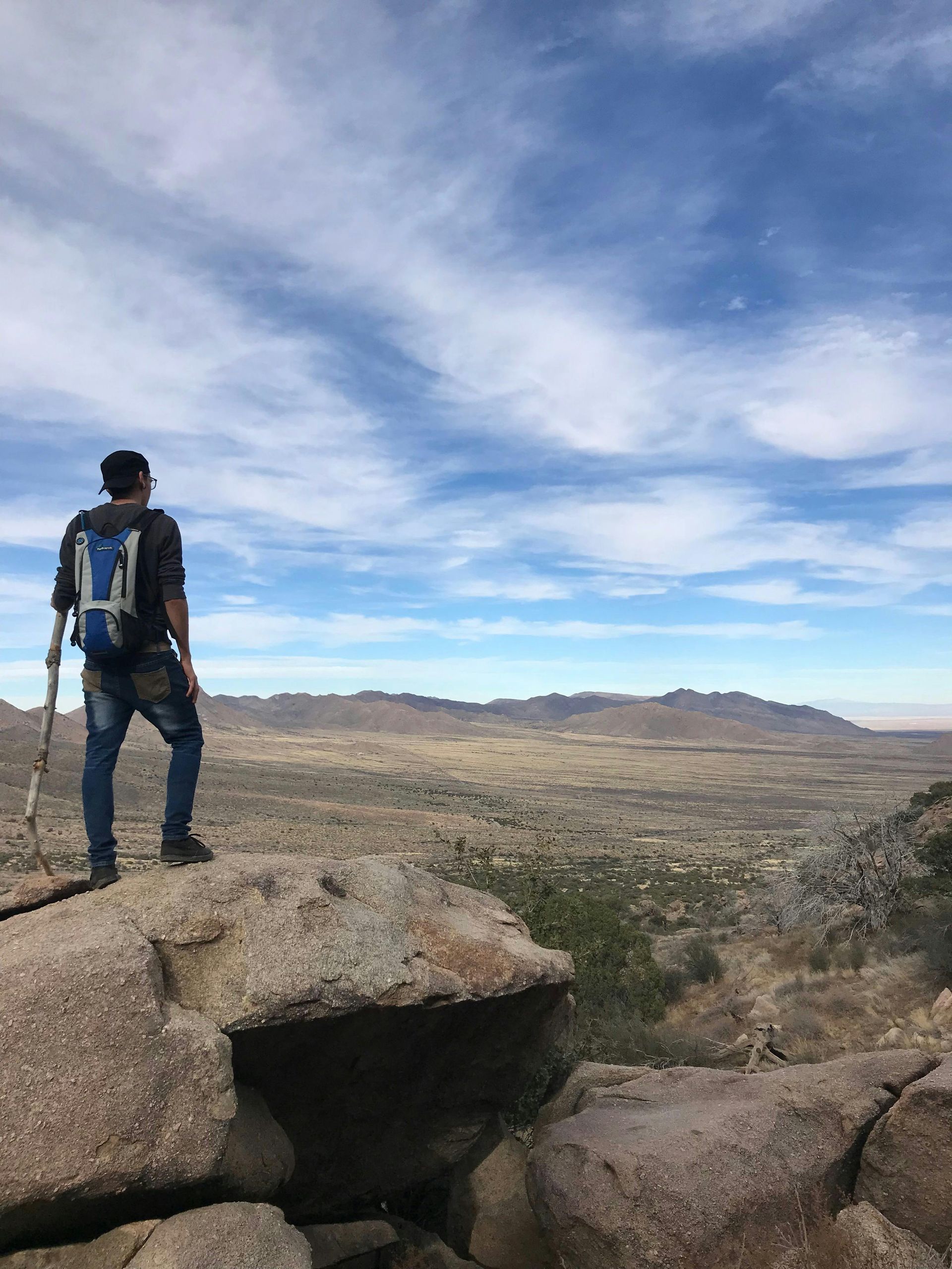 A person with a backpack and walking stick stands on a large rock, looking out over a vast, arid desert landscape.