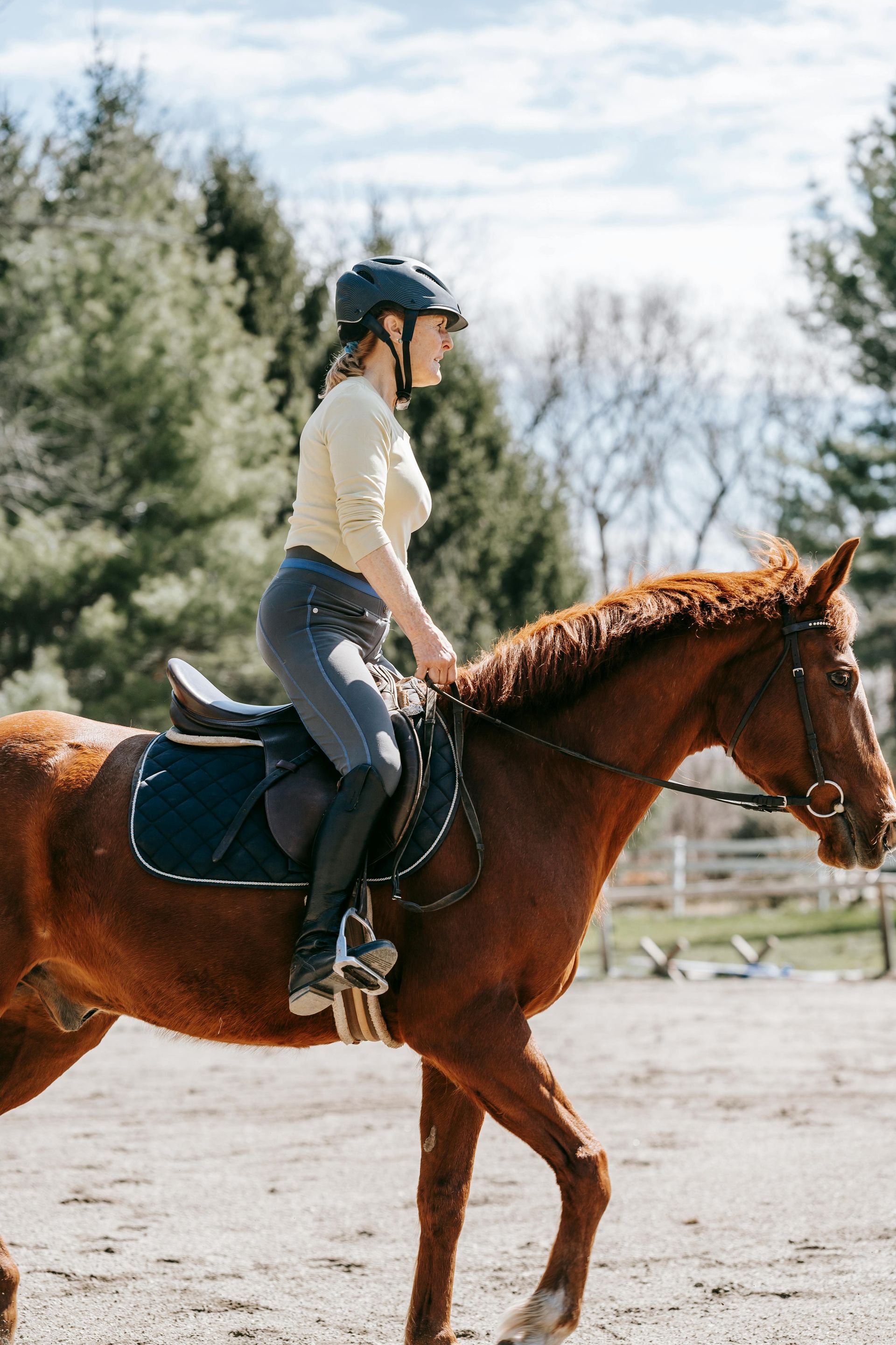 A person in a riding helmet and light shirt rides a brown horse in an outdoor arena with trees in the background.