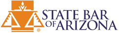 The state bar of arizona logo is orange and blue