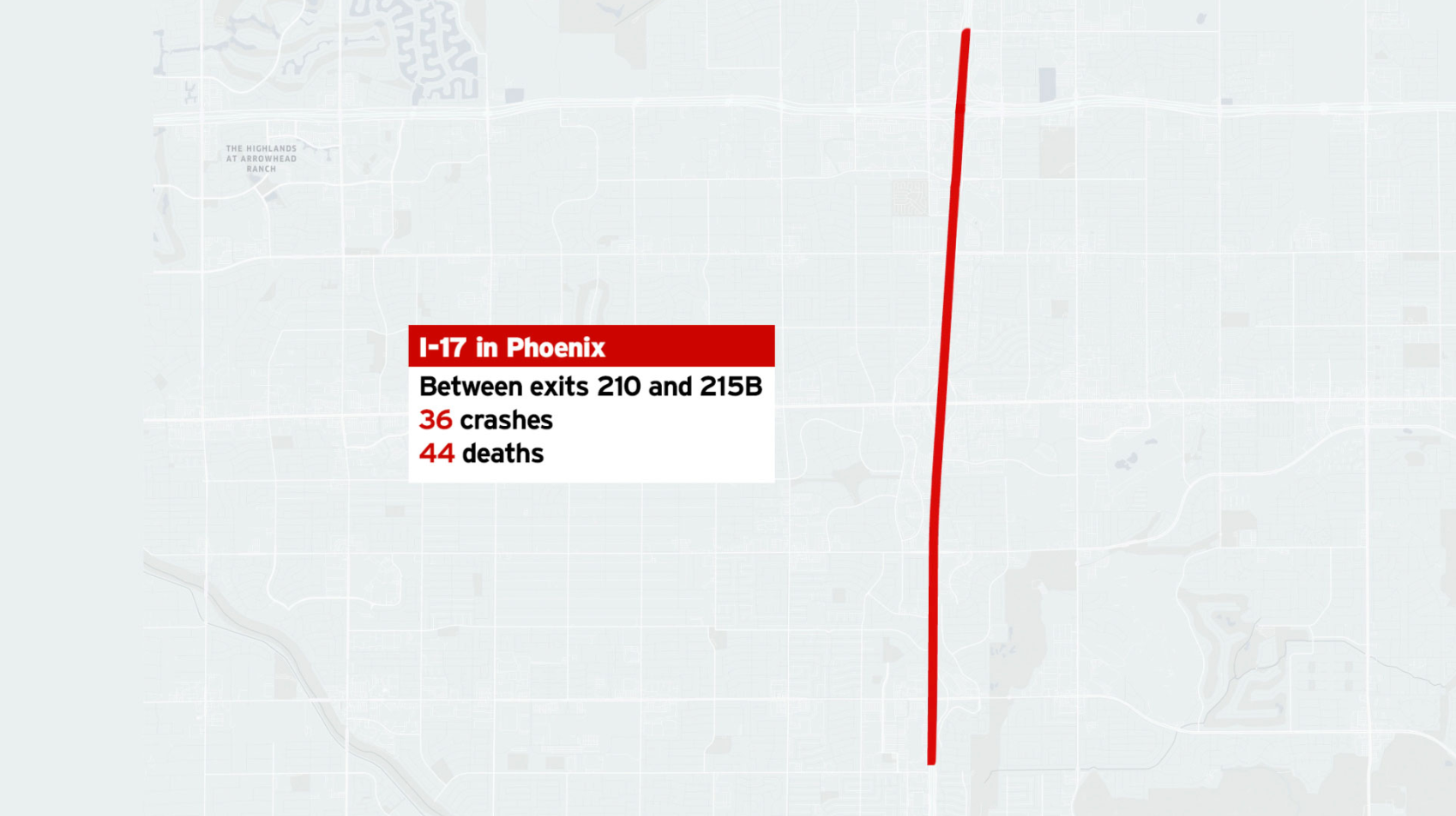 A red line on a map that says hit in phoenix