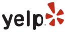 A yelp logo with a red star on a white background.
