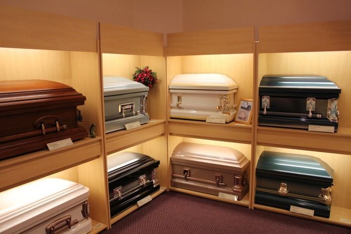 Casket showroom at Douglass Family Mortuary in Lynwood, CA