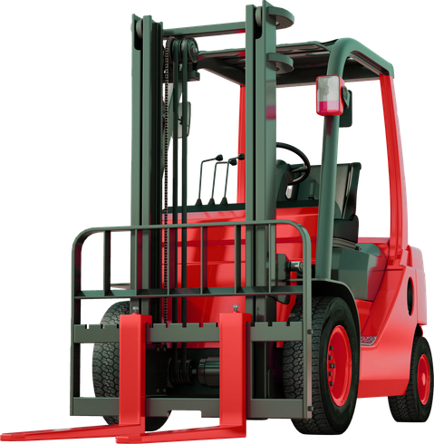 Red forklift, front view. Forks extended, ready to lift. Dark gray frame and wheels.