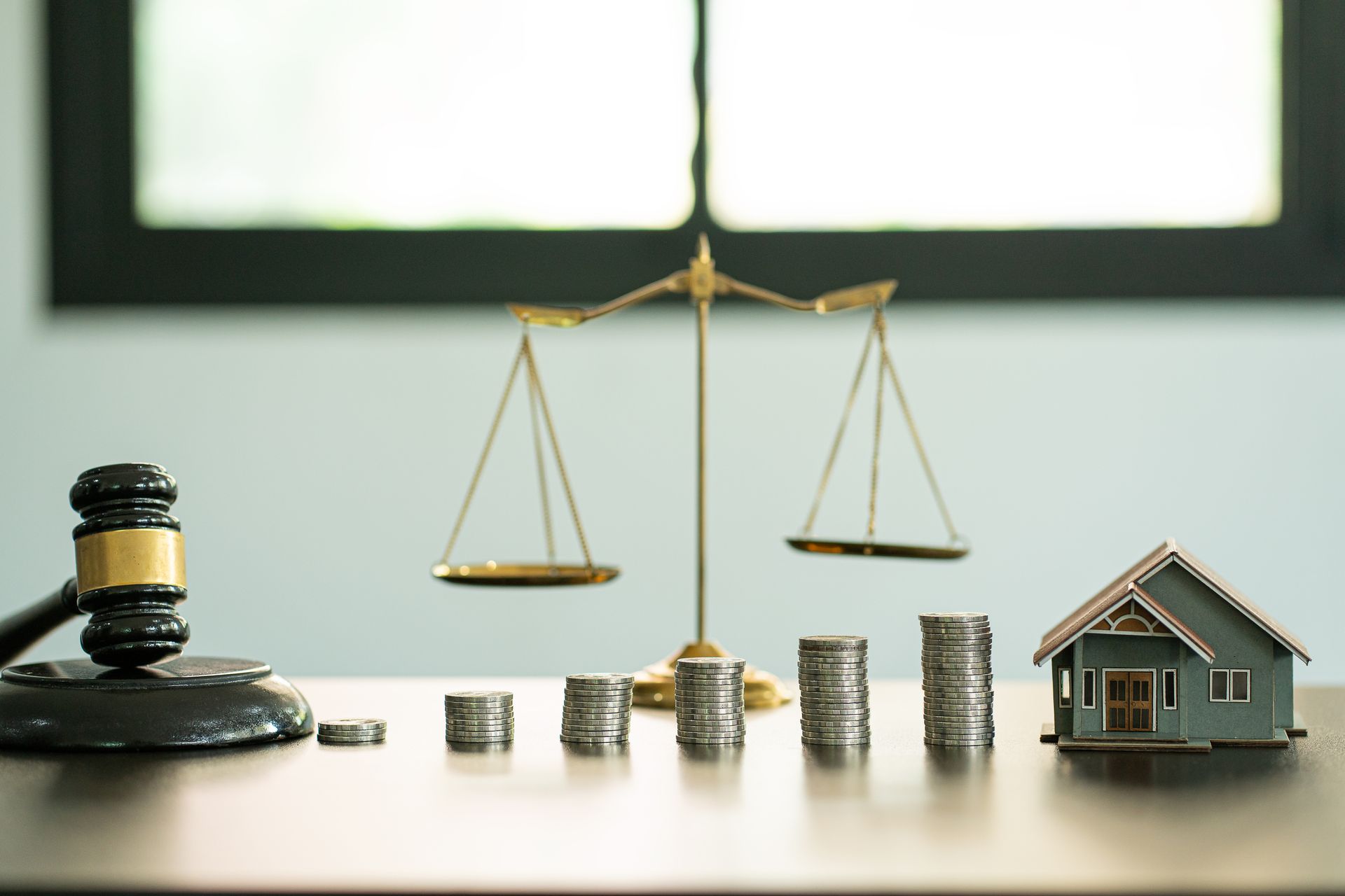 Gavel, scales of justice, stacks of coins, and a model house on a table; legal and financial concepts.
