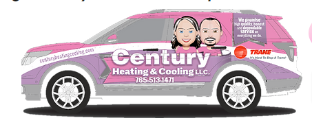 A century heating and cooling llc van with a man and woman on the side.