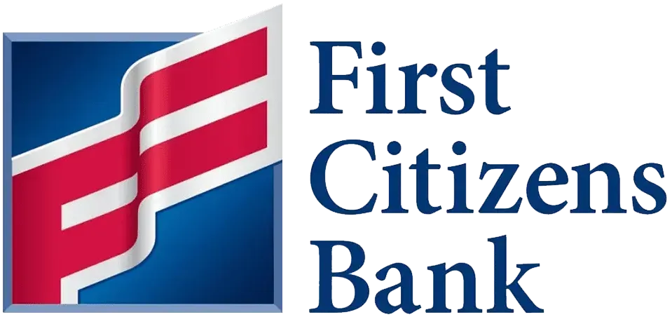 The First Citizens Bank logo features a stylized red, white, and blue flag icon next to the company name in blue text.