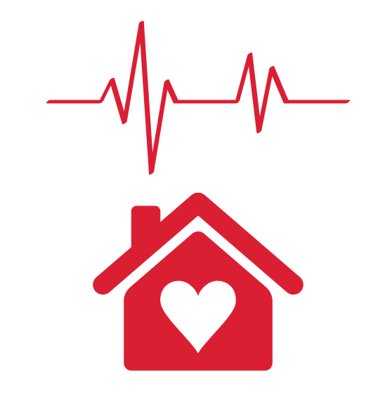 A red heart rate line above a red house icon with a white heart in the center.