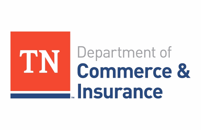 Logo for the Tennessee Department of Commerce & Insurance featuring a red square with white