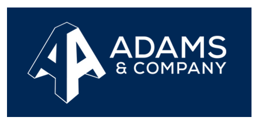 the adams & company logo is on a blue background .