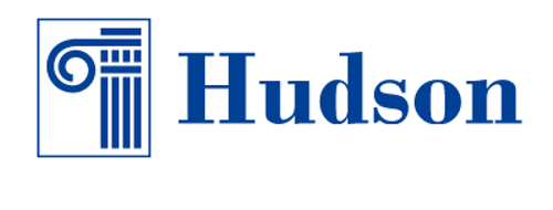 a blue logo for hudson with columns on it