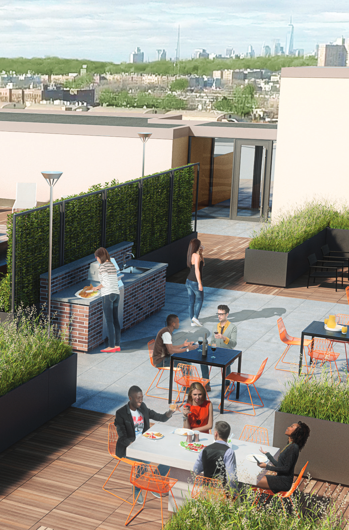 a group of people are sitting at tables on a rooftop patio .