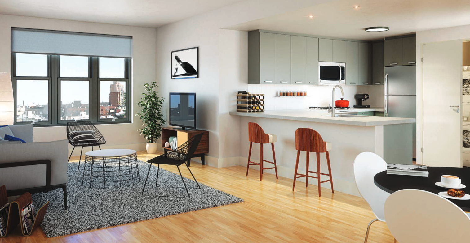 an artist 's impression of a living room and kitchen .