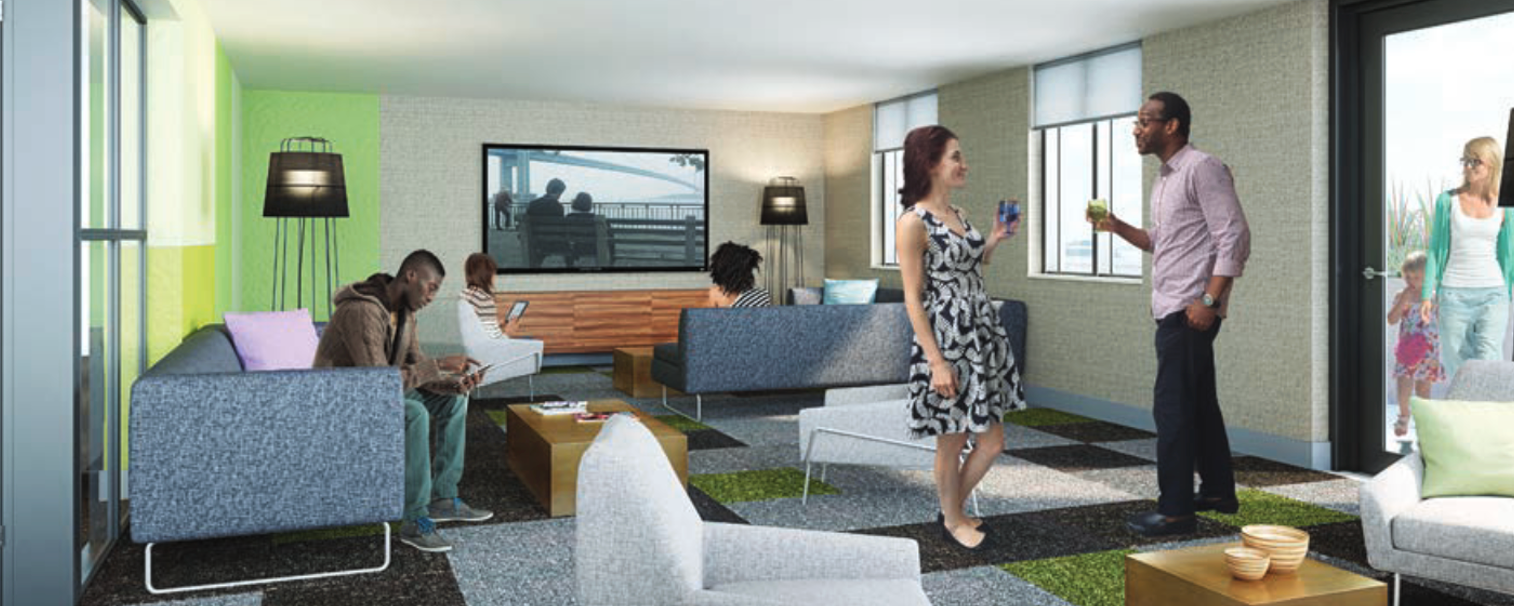 a group of people are standing in a living room talking to each other